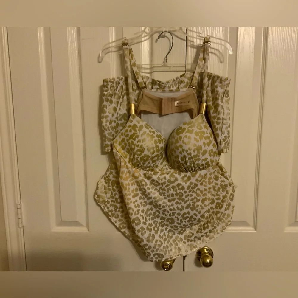 Rare Find!! Cacique Tankini Swim Set - Gold & White Leopard - 42C Top/16 Skirt - Picture 1 of 12